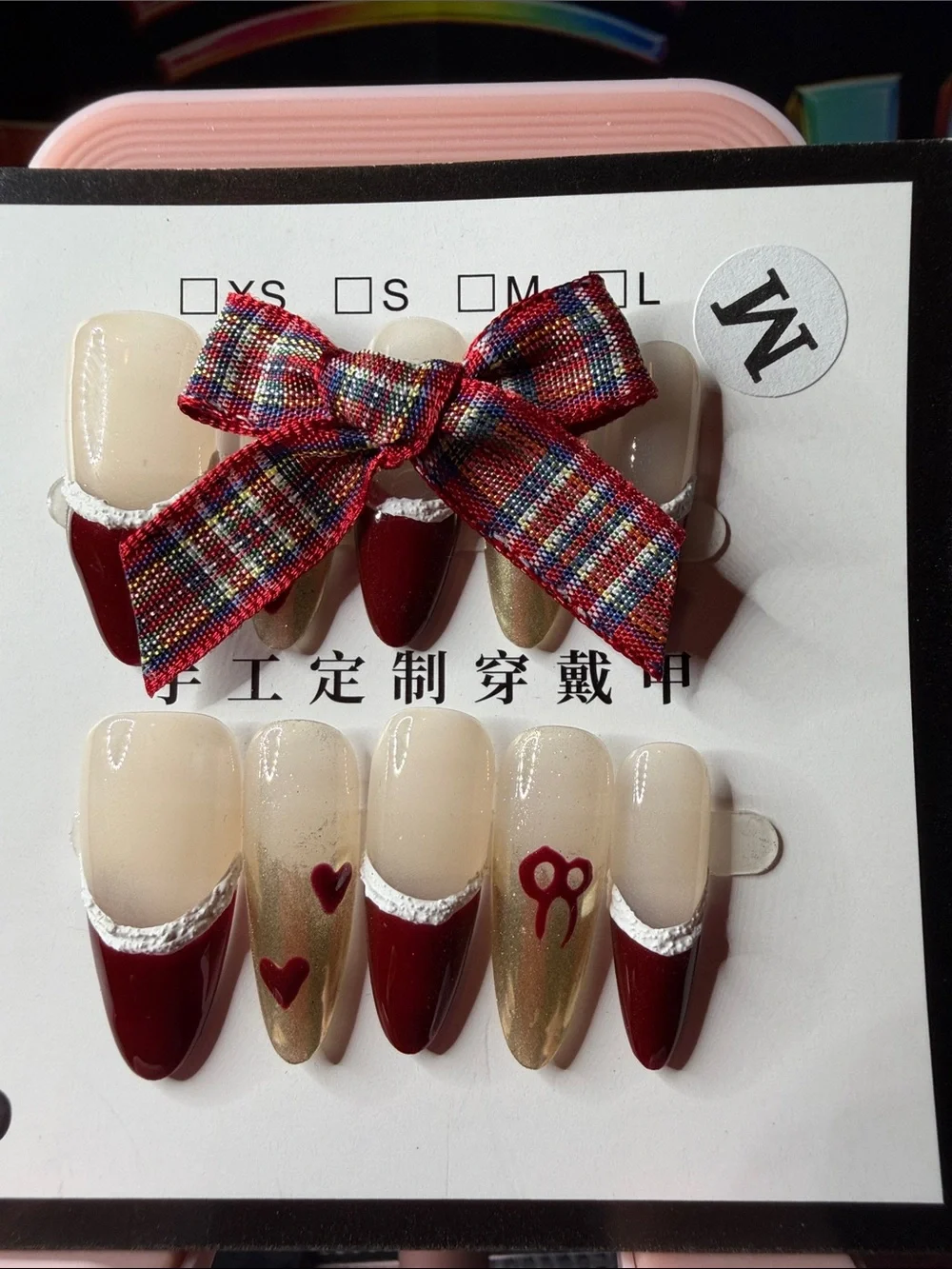 Burgundy & Gold Plaid Bow Press-On Nail Set
